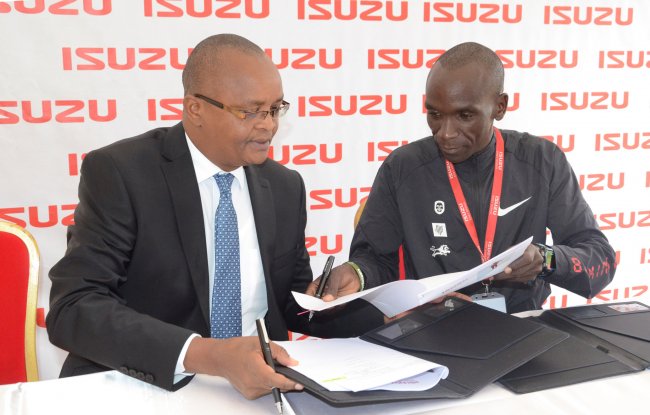 Eliud Kipchoge got a shot in the arm with his new sponsors Isuzu East Africa promising him a vehicle worth Sh5.9m if he breaks the record. (Photo by Alex Wafula)